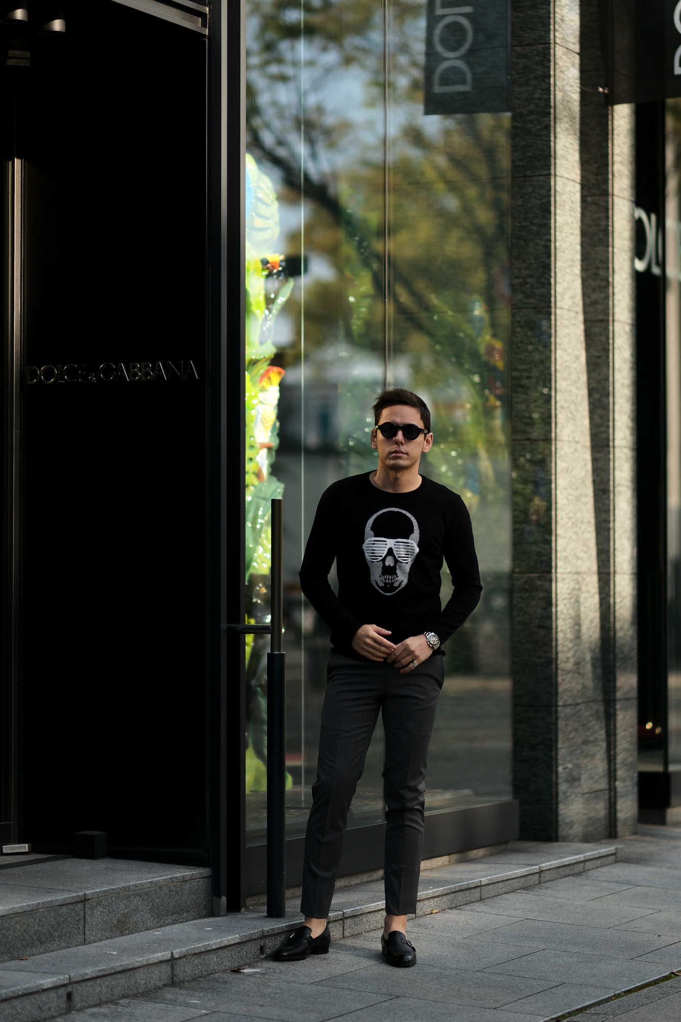 lucien pellat-finet(ルシアン ペラフィネ) Skull Sunglasses Cashmere Sweater (スカル サングラス カシミア セーター) インターシャ カシミア スカル セーター BLACK × GREY (ブラック × グレー) made in scotland (スコットランド製) 2020 春夏新作 愛知 名古屋 altoediritto アルトエデリット