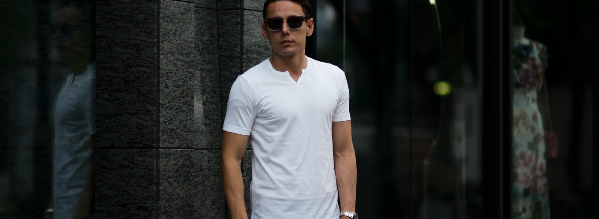 Girelli Bruni (ジレリブルーニ) Key Neck T-shirt (キーネック Tシャツ) GIZA 60/2 ギザコットン キーネックTシャツ WHITE (ホワイト)　made in italy (イタリア製) 2020秋冬新作 girellibruni 愛知 名古屋 altoediritto アルトエデリット alto e diritto