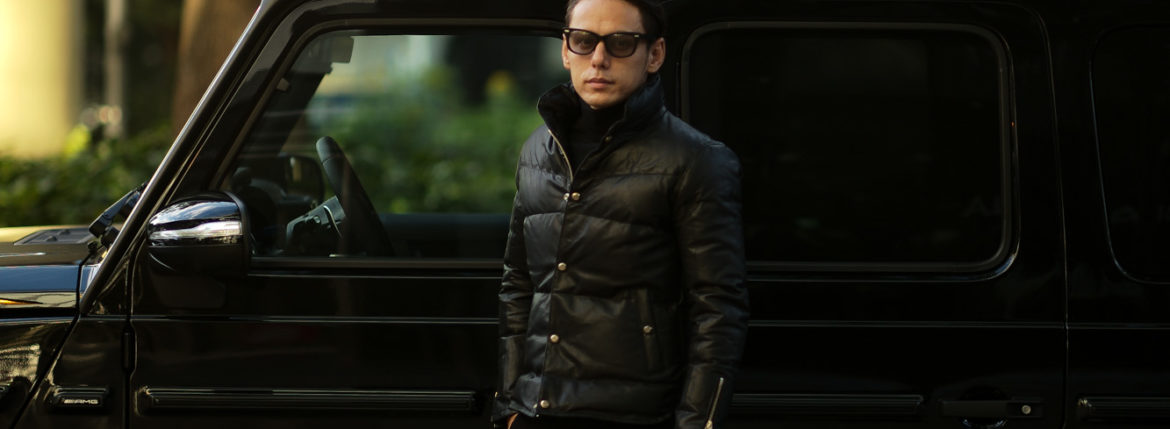 ISAMU KATAYAMA BACKLASH The Line (イサムカタヤマ バックラッシュ ザ・ライン) GUIDI CALF DOWN JACKET (グイディ カーフ ダウンジャケット) 925 STERLING SILVER (925 スターリングシルバー) レザー ダウン ジャケット BLACK (ブラック) MADE IN JAPAN (日本製) 2020 秋冬新作のイメージ