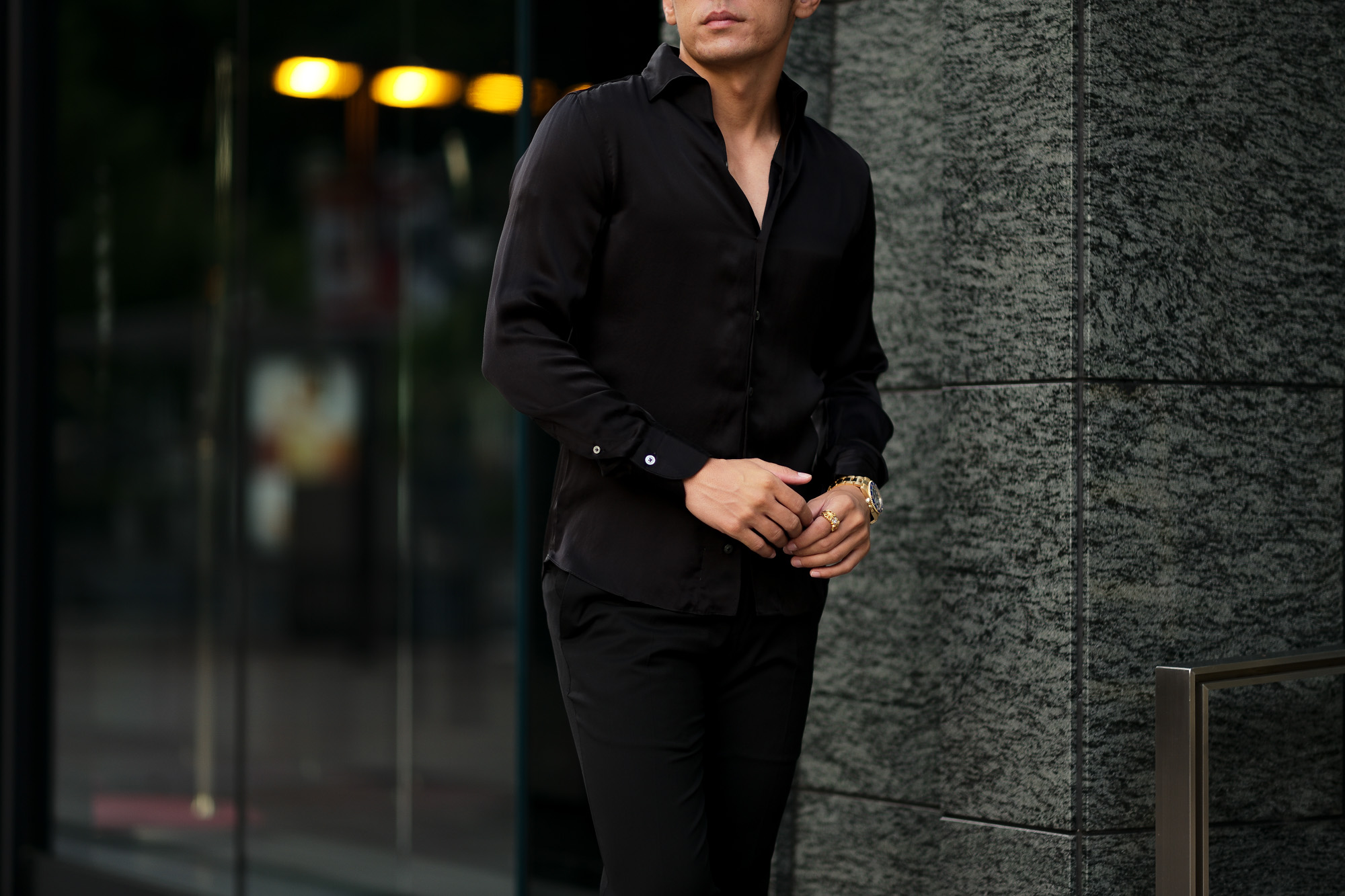 Finamore (フィナモレ) SEUL ITALIAN COLOR SILK SHIRTS シルク ワンピースカラー シャツ BLACK (ブラック・7) made in italy (イタリア製) 2020 秋冬新作 シルクシャツ 愛知 名古屋 Alto e Diritto アルトエデリット altoediritto