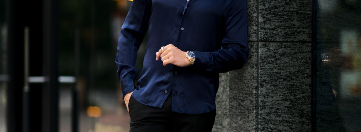 Finamore (フィナモレ) SEUL ITALIAN COLOR SILK SHIRTS シルク ワンピースカラー シャツ NAVY (ネイビー・5) made in italy (イタリア製) 2020 秋冬新作 シルクシャツ 愛知 名古屋 Alto e Diritto アルトエデリット altoediritto