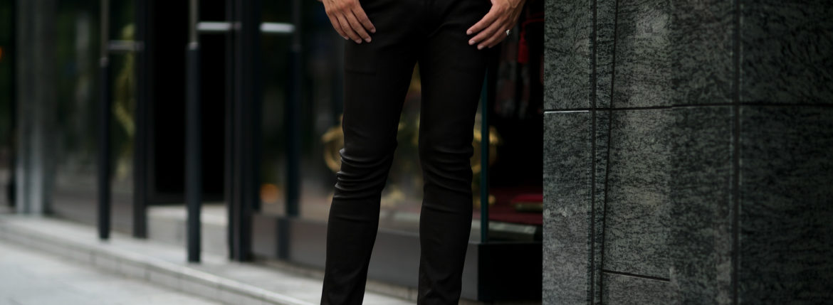 ISAMU KATAYAMA BACKLASH (イサムカタヤマ バックラッシュ) French Deerskin Stretch Leather Pants (フレンチ ディアスキン ストレッチ パンツ) ディアスキン ストレッチ レザー スキニーパンツ BLACK (ブラック) MADE IN JAPAN (日本製) 2020 秋冬 【Special Model】【Alto e Diritto別注】【ご予約受付中】のイメージ