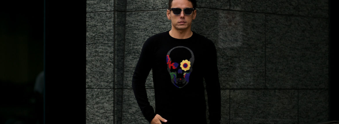 lucien pellat-finet (ルシアン ペラフィネ) Flower Skull Cashmere Sweater (フラワー バブルス スカル カシミア セーター) インターシャ カシミア スカル セーター BLACK(ブラック) made in scotland (スコットランド製) 2020 秋冬新作 【Special Model】Alto e Diritto altoediritto アルトエデリット 愛知 名古屋 カシミヤ カシミア