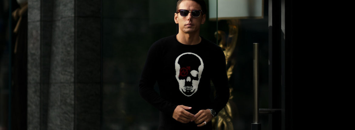 lucien pellat-finet (ルシアン ペラフィネ) Skull With Crystal Squat Cashmere Sweater (スカルクリスタル カシミア セーター) インターシャ カシミア スカル セーター BLACK × WHITE(ブラック×ホワイト) made in scotland (スコットランド製) 2020 秋冬新作 【Special Model】【入荷しました】【フリー分発売開始】Alto e Diritto altoediritto アルトエデリット 愛知 名古屋 カシミヤ カシミア