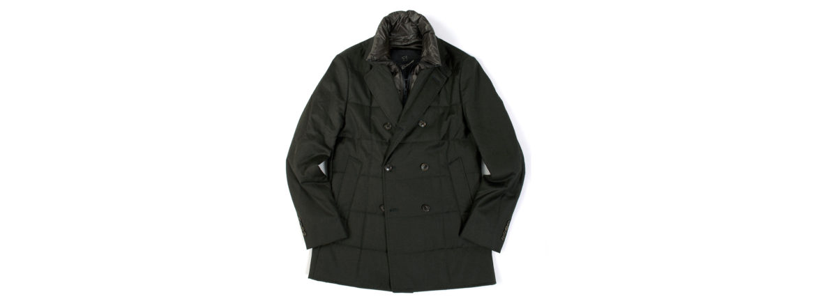 MONTECORE (モンテコーレ) P-coat (Pコート) LoroPiana (ロロピアーナ) RAIN SYSTEM レインシステム フラノウールシルク ダウン ピーコート OLIVE (オリーブ・38) 2020 秋冬新作  【入荷しました】【フリー分発売開始】のイメージ