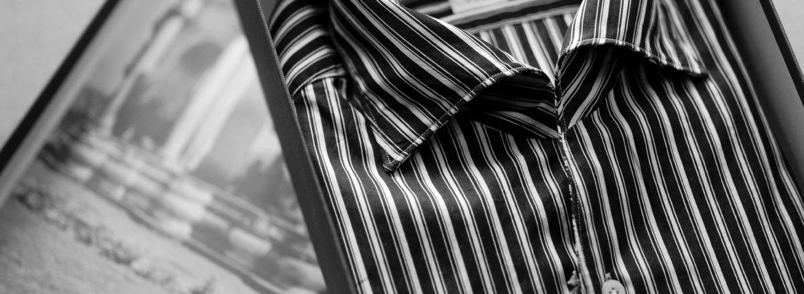 Finamore (フィナモレ) SEUL ITALIAN COLOR STRIPE SHIRTS (イタリアンカラーストライプシャツ) THOMAS MASON COTTON POPLIN RANDOM STRIPE (トーマスメイソン コットンポプリン ランダムストライプ) ワンピースカラー シャツ BLACK×WHITE (ブラック×ホワイト・01) made in italy (イタリア製) 2021 春夏【Alto e Diritto別注】【Special Model】 愛知 名古屋 Alto e Diritto altoediritto アルトエデリット シャツ ストライプシャツ