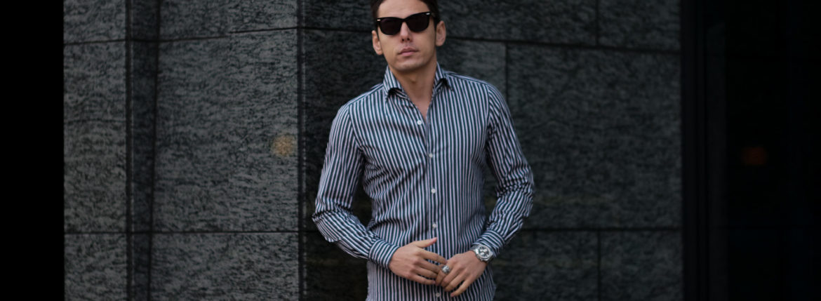 Finamore (フィナモレ) SEUL ITALIAN COLOR STRIPE SHIRTS (イタリアンカラーストライプシャツ) THOMAS MASON COTTON POPLIN RANDOM STRIPE (トーマスメイソン コットンポプリン ランダムストライプ) ワンピースカラー シャツ BLACK×WHITE (ブラック×ホワイト・01) made in italy (イタリア製) 2021 春夏【Alto e Diritto別注】【Special Model】 愛知 名古屋 Alto e Diritto altoediritto アルトエデリット シャツ ストライプシャツ