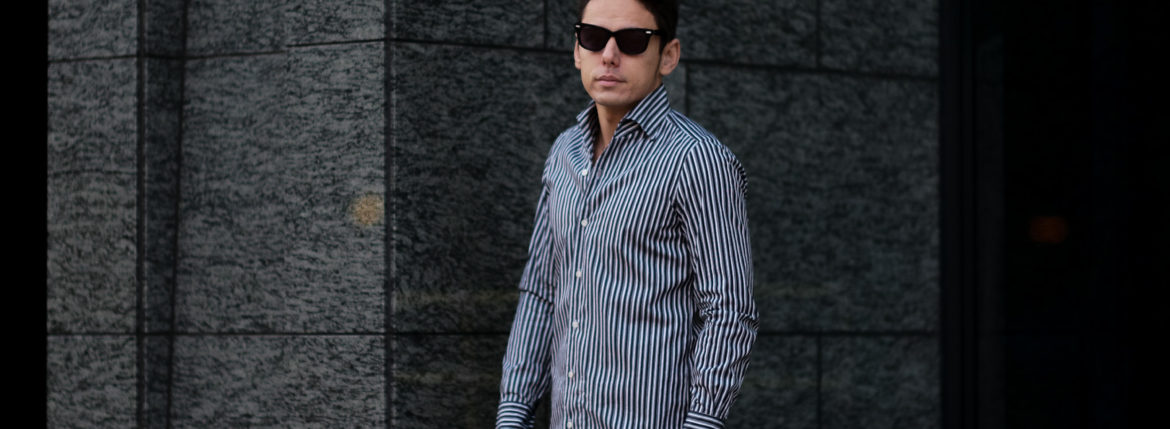 Finamore (フィナモレ) SEUL ITALIAN COLOR STRIPE SHIRTS (イタリアンカラーストライプシャツ) THOMAS MASON COTTON POPLIN RANDOM STRIPE (トーマスメイソン コットンポプリン ランダムストライプ) ワンピースカラー シャツ BLACK×WHITE (ブラック×ホワイト・01) made in italy (イタリア製) 2021 春夏【Alto e Diritto別注】【Special Model】 愛知 名古屋 Alto e Diritto altoediritto アルトエデリット シャツ ストライプシャツ