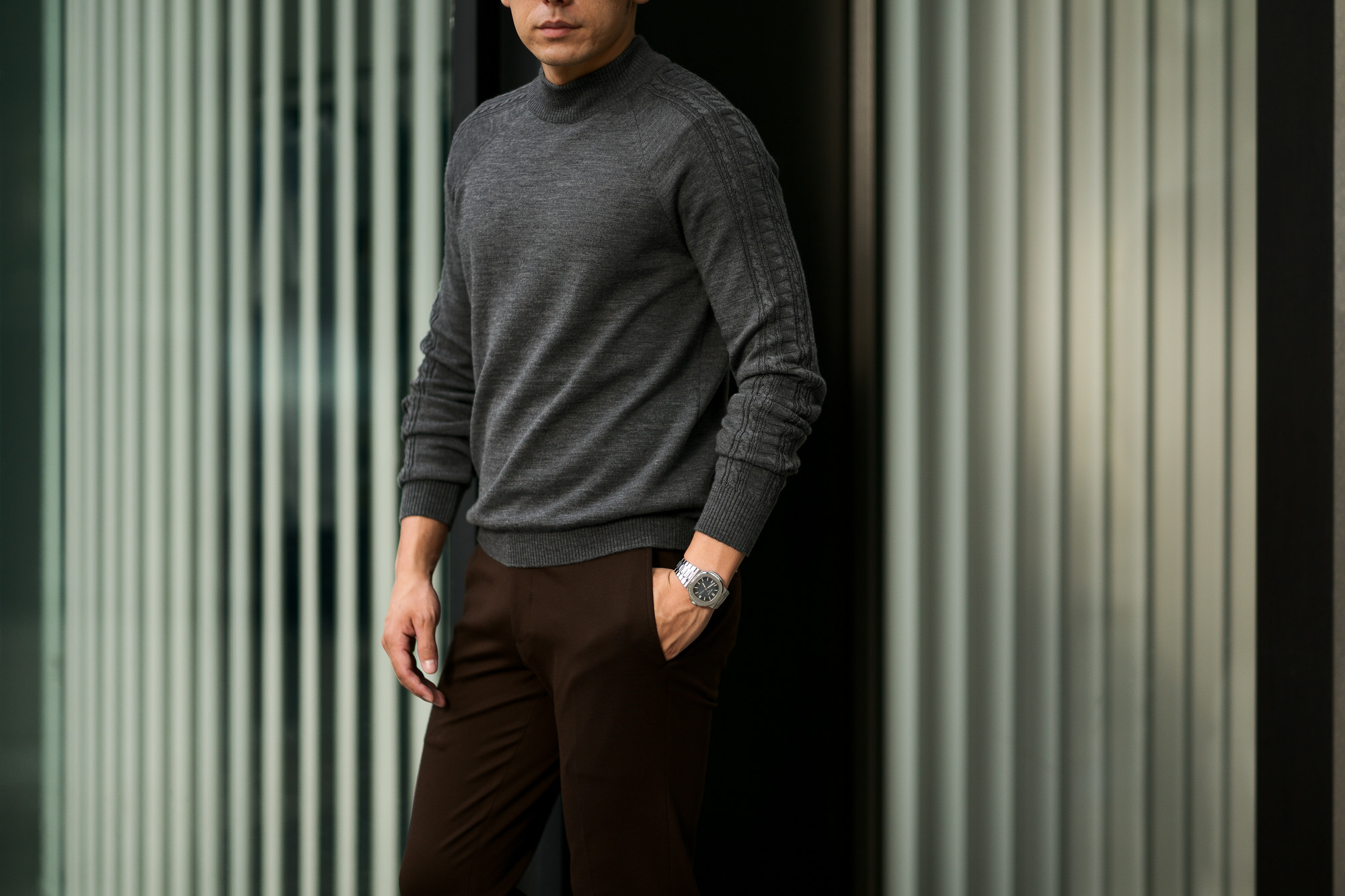 RIVORA (リヴォラ) SIDE CABLE Mock Neck Pull-Over (サイドケーブル モックネック プルオーバー) SUPER120s Wool サイドケーブル ウール モックネック セーター GRAY (グレー・020) MADE IN JAPAN (日本製) 2021 秋冬 【Alto e Diritto 別注】【Special Model】Alto e Diritto altoediritto アルトエデリット