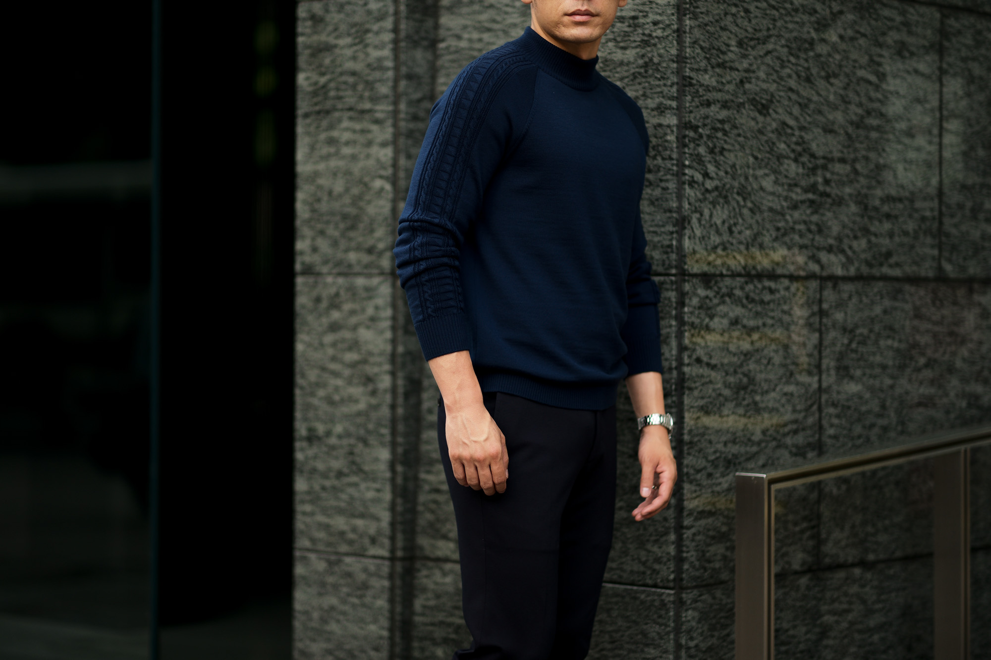 RIVORA (リヴォラ) SIDE CABLE Mock Neck Pull-Over (サイドケーブル モックネック プルオーバー) SUPER120s Wool サイドケーブル ウール モックネック セーター NAVY (ネイビー・040) MADE IN JAPAN (日本製) 2021 秋冬 【Alto e Diritto 別注】【Special Model】Alto e Diritto altoediritto アルトエデリット