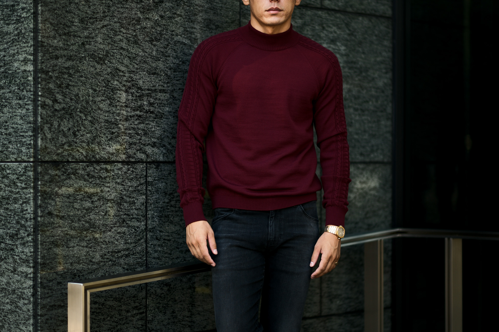 RIVORA (リヴォラ) SIDE CABLE Mock Neck Pull-Over (サイドケーブル モックネック プルオーバー) SUPER120s Wool サイドケーブル ウール モックネック セーター BORDEAUX (ボルドー・150) MADE IN JAPAN (日本製) 2021 秋冬 【Alto e Diritto 別注】【Special Model】Alto e Diritto altoediritto アルトエデリット