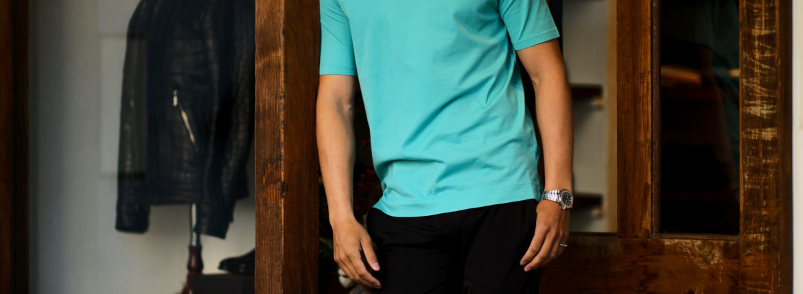 FEDELI(フェデリ) Crew Neck T-shirt (クルーネック Tシャツ) ギザコットン Tシャツ TIFFANY (ブルー・121) made in italy (イタリア製) 2022 春夏新作 【Special Color】【入荷しました】【フリー分発売開始】のイメージ