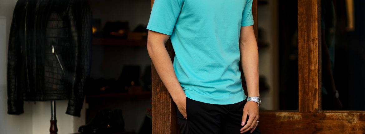 FEDELI(フェデリ) Crew Neck T-shirt (クルーネック Tシャツ) ギザコットン Tシャツ TIFFANY (ブルー・121) made in italy (イタリア製) 2022 春夏新作 【Special Color】のイメージ