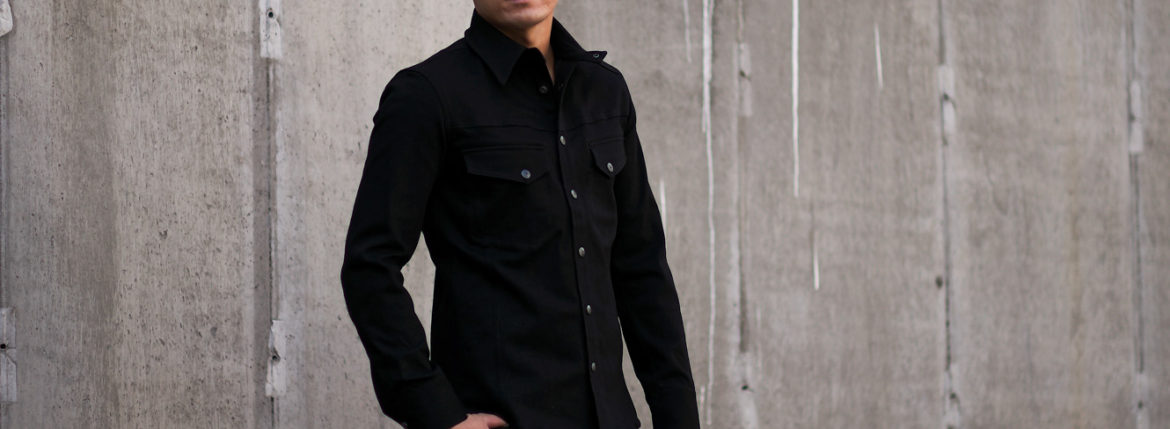 ISAMU KATAYAMA BACKLASH (イサムカタヤマ バックラッシュ) 9oz Stretch Denim Shirts ストレッチ デニムシャツ BLACK (ブラック) MADE IN JAPAN (日本製) 2022 秋冬新作 【発売開始】愛知 名古屋 Alto e Diritto altoediritto アルトエデリット 片山勇 レザー