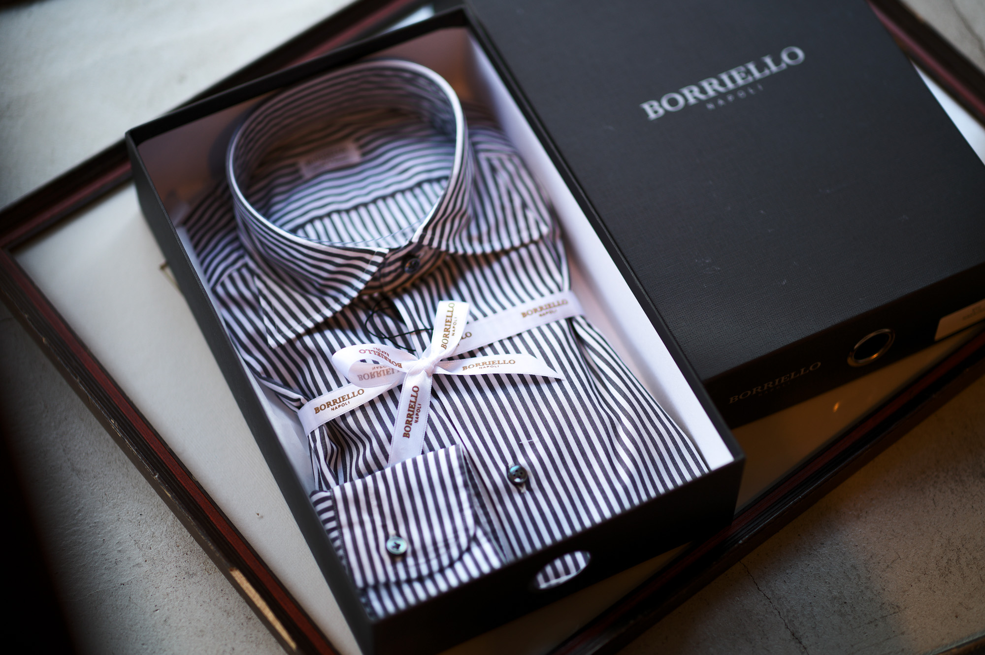 BORRIELLO "MADE TO MEASURE" S158-9900 GRAY 2022AW ボリエッロ シャツ ブラック ストライプ ドレスシャツ 愛知 名古屋 Alto e Diritto altoediritto アルトエデリット