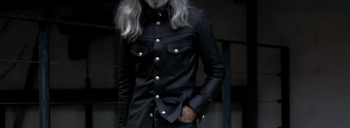 ISAMU KATAYAMA BACKLASH The Line (イサムカタヤマ バックラッシュ ザ・ライン) GUIDI CALF Leather Shirts T-254 (グイディ カーフ レザー シャツ) 925 STERLING SILVER (925 スターリングシルバー) レザーシャツ BLACK (ブラック) MADE IN JAPAN (日本製)  2023春夏 【ご予約受付中】のイメージ