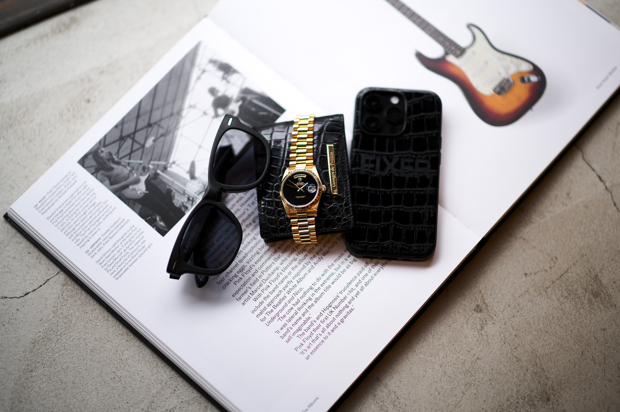 FIXER "BLACK PANTHER 925 STERLING SILVER" MATTE BLACK × Georges de Patricia "Cloud Crocodile 18K GOLD" × ROLEX DAY-DATE "18238" Onyx Dial ” × FIXER "iPhone 14Pro" Crocodile Case フィクサー ブラックパンサー マットブラック ジョルジュドパトリシア クラウドクロコダイル 18Kゴールド ロレックス デイデイト オニキスダイヤル クロコダイルケース 愛知 名古屋 Alto e Diritto altoediritto アルトエデリット