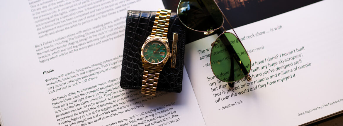 Georges de Patricia "Cloud Crocodile 18K GOLD" × ROLEX DAY-DATE "128238" Malachite Dial × FIXER "TOMBOY" GOLD x GREEN SMOKE ジョルジュドパトリシア クラウドクロコダイル 18Kゴールド ロレックス デイデイト マラカイト お守り 魔除け 健康 繁栄 心身の癒し 災いを未然に防ぐ 邪気をはね返すパワーが強く 危険を感知させることが災いをもたらしものを遠ざけ、持ち主にとって本当に必要な人との関わりをもつようサポートしてくてくれる フィクサー トムボーイ ゴールド グリーン サングラス カードケース 愛知 名古屋 Alto e Diritto altoediritto アルトエデリット