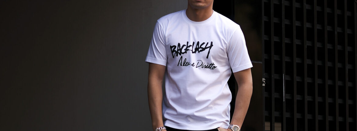 ISAMU KATAYAMA BACKLASH × Alto e Diritto (イサムカタヤマ バックラッシュ × アルト エ デリット) Crew Neck T-shirt ロゴプリントTシャツ WHITE (ホワイト) MADE IN JAPAN (日本製) 2023 alto e diritto altoediritto アルトエデリット 愛知 名古屋