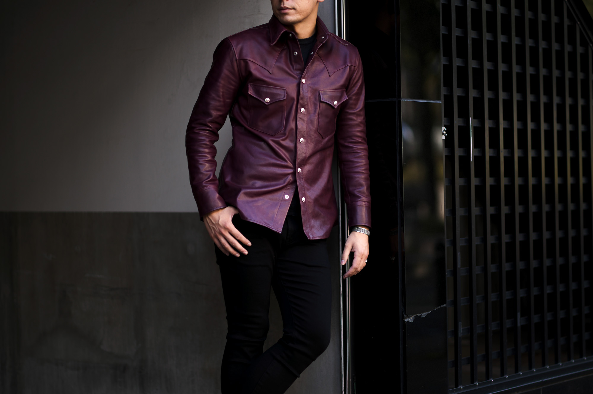 ISAMU KATAYAMA BACKLASH The Line "T-003" Italy Steer Leather Shirts BURGUNDY イサムカタヤマバックラッシュ ザライン イタリーステア TEMPESTI レザーシャツ バーガンディー 愛知 名古屋 Alto e Diritto altoediritto アルトエデリット 925シルバー