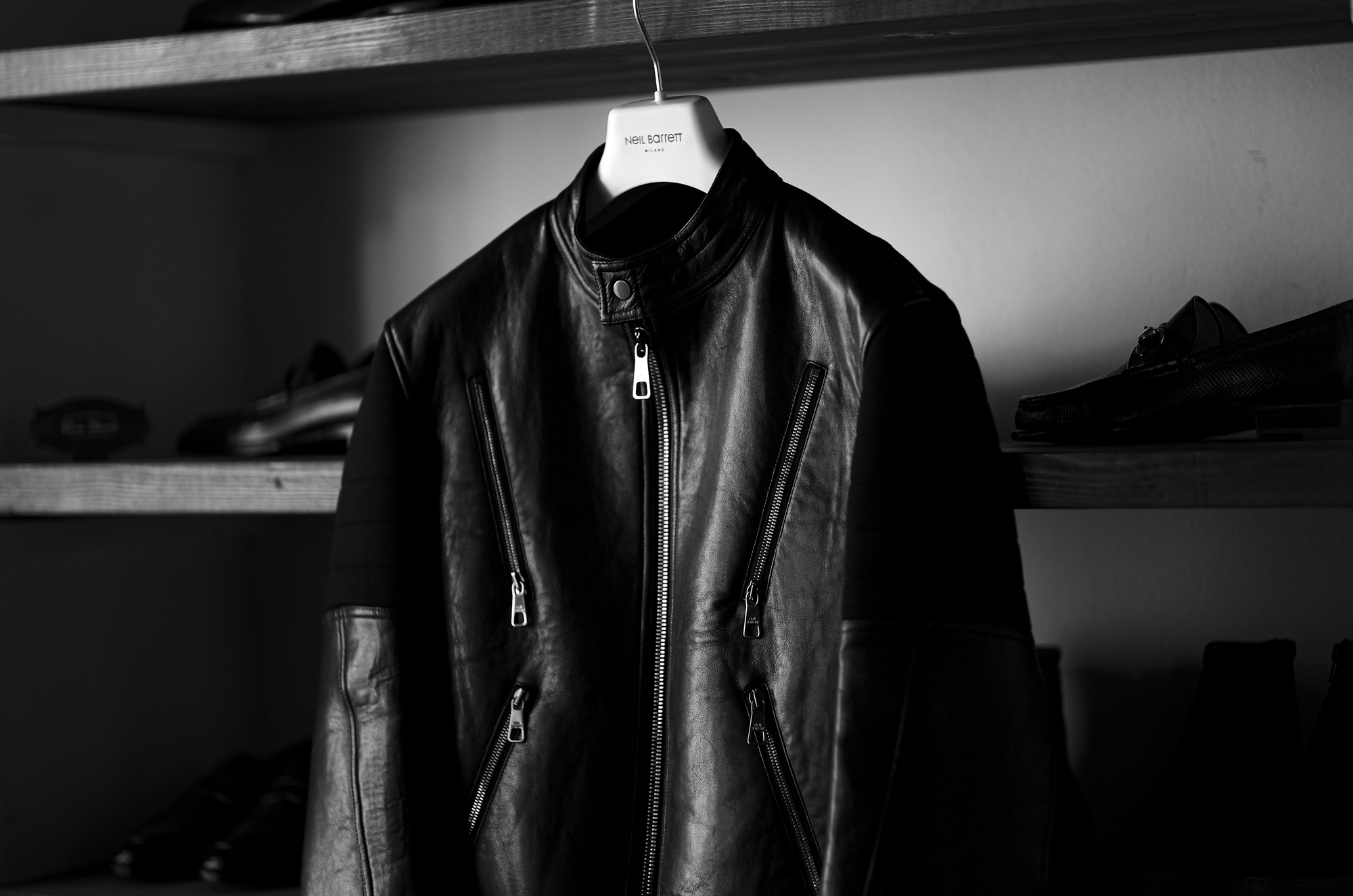 Neil Barrett Leather Front Sweatshirt Biker Jacket BLACK AW