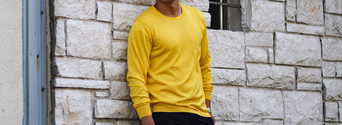 RIVORA (リヴォラ) 18G Wool Silk Crew Neck Pull Over (18ゲージ ウールシルク クルーネック プルオーバー) ウールシルク クルーネック セーター YELLOW (イエロー・100)　MADE IN JAPAN (日本製) 2023秋冬新作 愛知 名古屋 Alto e Diritto altoediritto アルトエデリット