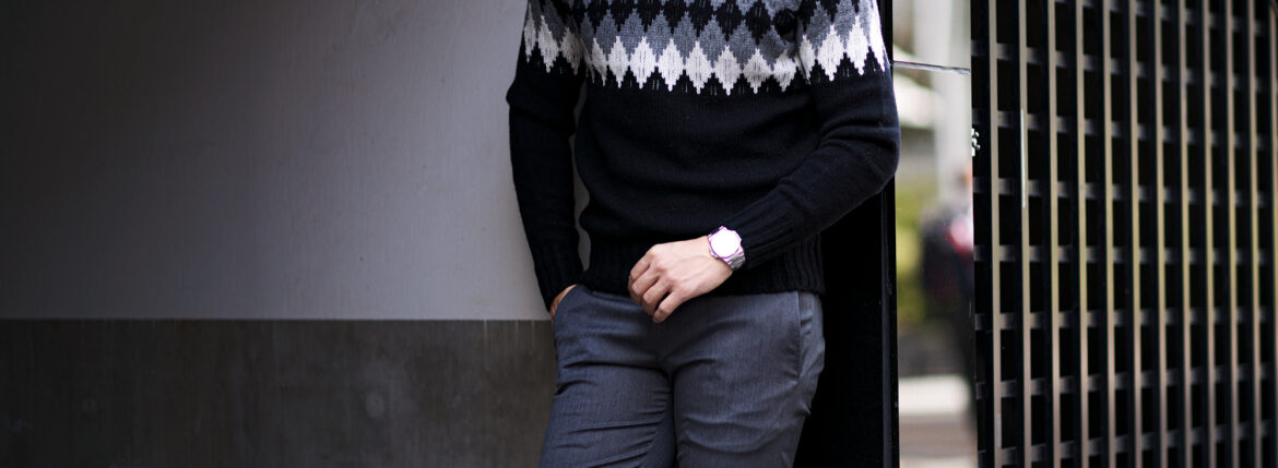 Gran Sasso (グランサッソ) Argyle Cashmere Sweater (アーガイル カシミア セーター) アーガイル柄 8ゲージ タートルネックセーター BLACK × WHITE (ブラック×ホワイト・099) made in italy (イタリア製) 2023秋冬新作 愛知 名古屋 Alto e Diritto altoediritto アルトエデリット