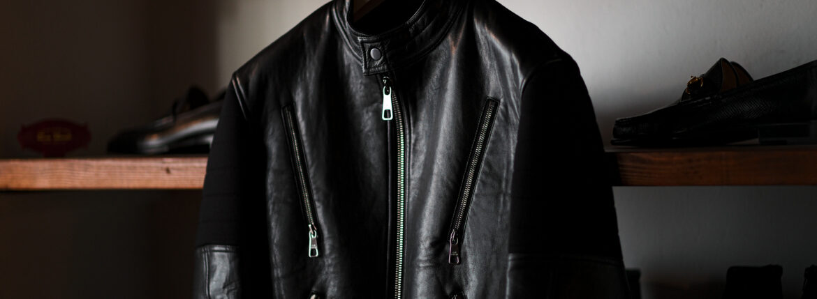 Neil Barrett (ニールバレット) Leather Front Sweatshirt Biker Jacket (レザーフロント スエットシャツ バイカージャケット) シングルライダース BLACK (ブラック・001) 2023秋冬新作 【入荷しました】【フリー分発売開始】のイメージ
