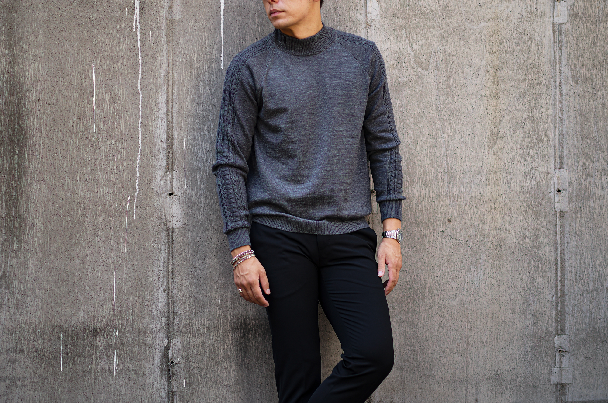 RIVORA (リヴォラ) SIDE CABLE Mock Neck Pull-Over (サイドケーブル モックネック プルオーバー) SUPER120s Wool サイドケーブル ウール モックネック セーター GRAY (グレー・020) MADE IN JAPAN (日本製) 2023秋冬新作 愛知 名古屋 Alto e Diritto altoediritto アルトエデリット