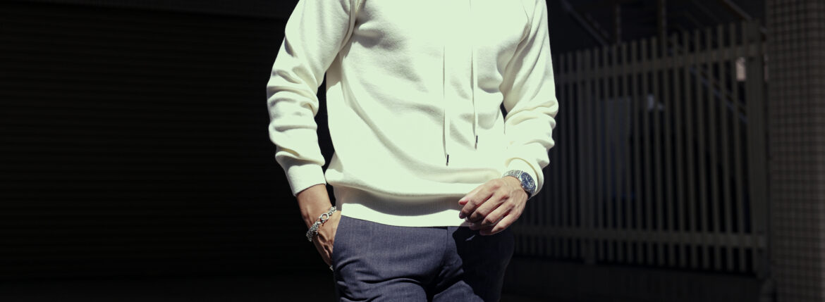 RIVORA (リヴォラ) Wool Knit Hoodie (ウール ニット フーディ) Wool 100% スムース ウール ニット パーカー WHITE (ホワイト・030) MADE IN JAPAN (日本製) 2023秋冬新作 【入荷しました】【フリー分発売開始】愛知 名古屋 Alto e Diritto altoediritto アルトエデリット