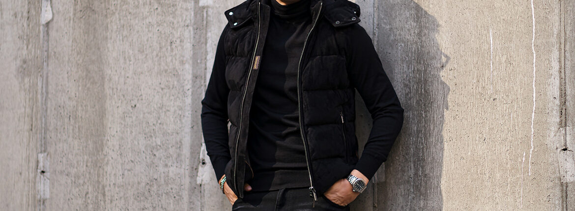 MOORER (ムーレー) FAYER-UR (フェイヤー) Suede Leather Down Vest スエードレザー ダウンベスト NERO (ブラック) Made in italy (イタリア製) 【Alto e Diritto別注】【Special Special Special Model】愛知 名古屋 Alto e Diritto altoediritto アルトエデリット レザーベスト