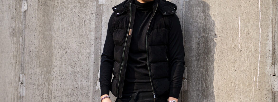 MOORER (ムーレー) FAYER-UR (フェイヤー) Suede Leather Down Vest スエードレザー ダウンベスト NERO (ブラック) Made in italy (イタリア製) 【Alto e Diritto別注】【Special Special Special Model】愛知 名古屋 Alto e Diritto altoediritto アルトエデリット レザーベスト