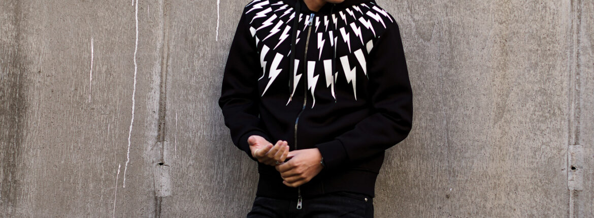 Neil Barrett (ニールバレット) FAIRISLE THUNDERBOLT SWEATSHIRT (フェアアイル サンダーボルト スエットシャツ) サンダーボルト ジップアップ パーカー BLACK (ブラック・051) 2023秋冬新作 愛知　名古屋 Alto e Diritto altoediritto アルトエデリット