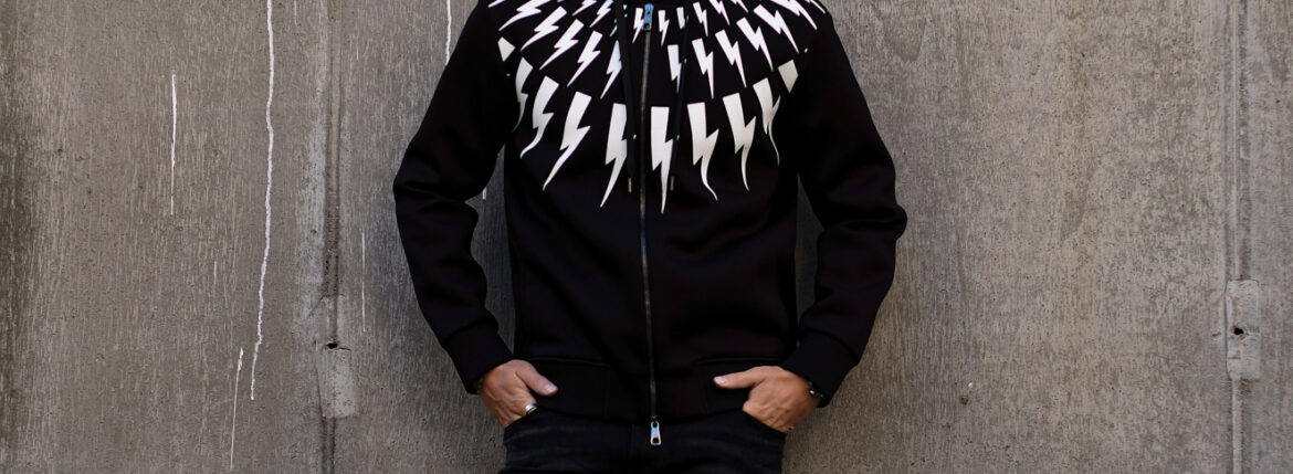 Neil Barrett (ニールバレット) FAIRISLE THUNDERBOLT SWEATSHIRT (フェアアイル サンダーボルト スエットシャツ) サンダーボルト ジップアップ パーカー BLACK (ブラック・051) 2023秋冬新作 愛知　名古屋 Alto e Diritto altoediritto アルトエデリット