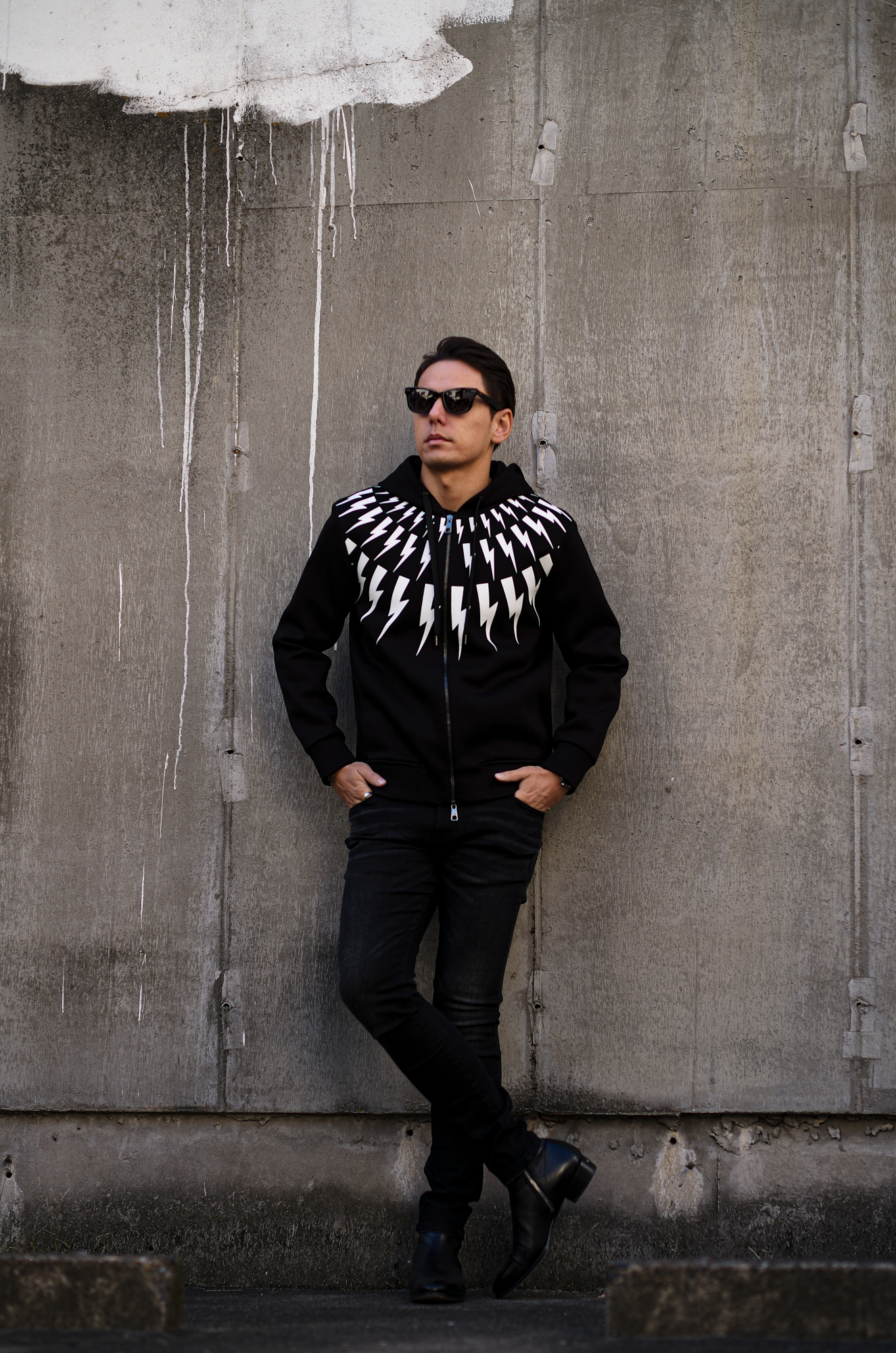 Neil Barrett (ニールバレット) FAIRISLE THUNDERBOLT SWEATSHIRT (フェアアイル サンダーボルト スエットシャツ) サンダーボルト ジップアップ パーカー BLACK (ブラック・051) 2023秋冬新作 愛知　名古屋 Alto e Diritto altoediritto アルトエデリット