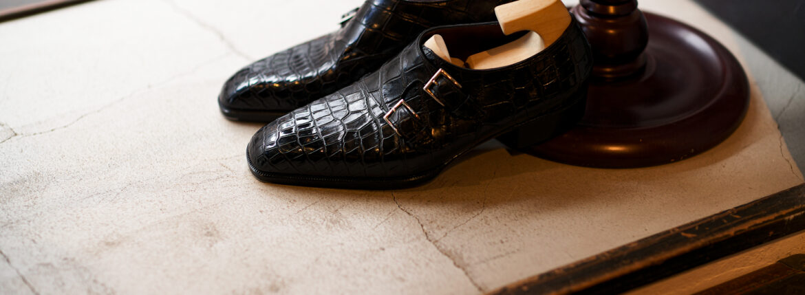 Yohei Fukuda "Double Monk Strap Bespoke" Black Shiny Small Crocodile BLACK 2023 ヨウヘイフクダ ダブルモンクストラップ ビスポーク スモールクロコダイル ブラック 2023年納品