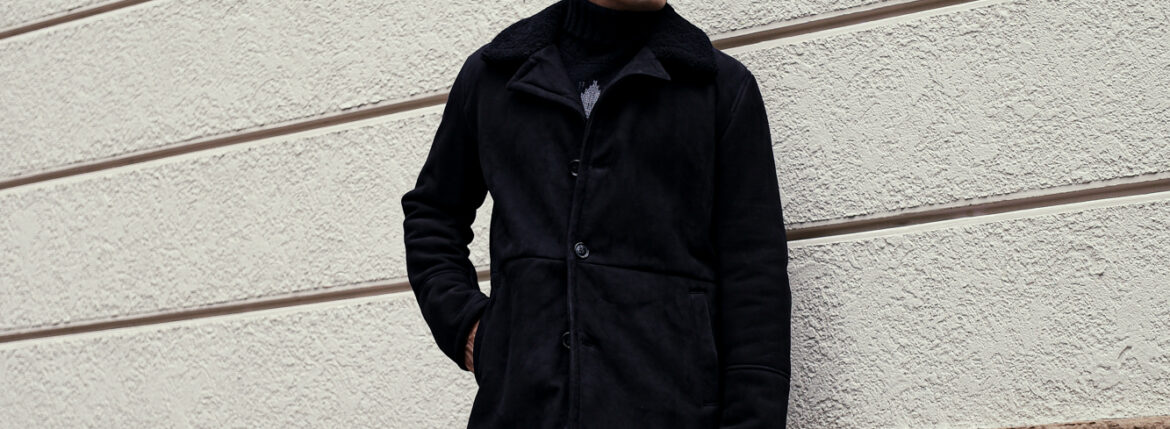 ISAIA (イザイア) PORTOFINO Mouton Coat (ポルトフィーノ ムートン コート) EXTERNAL CURLY SHEARLING ムートン チェスターコート BLACK (ブラック・990) 2023秋冬新作 【入荷しました】【フリー分発売開始】愛知 名古屋 Alto e Diritto altoediritto アルトエデリット コート 黒ムートン