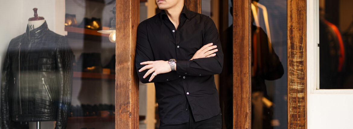 Finamore (フィナモレ) SEUL ITALIAN COLOR COTTON POPLIN SHIRTS コットンポプリン ワンピースカラー シャツ BLACK (ブラック・48)　made in italy (イタリア製) 2024 春夏新作 愛知 名古屋 Alto e Diritto altoediritto アルトエデリット