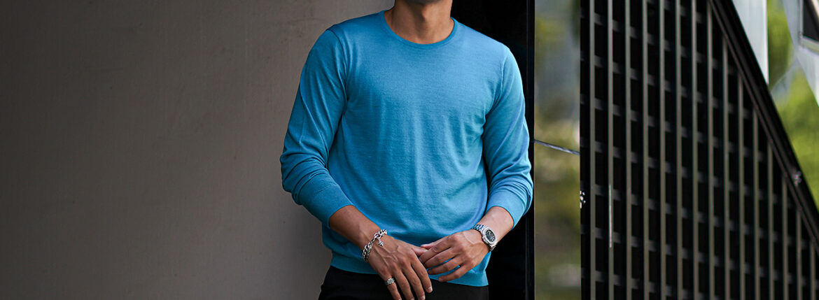 RIVORA (リヴォラ) 18G Wool Silk Crew Neck Pull Over (18ゲージ ウールシルク クルーネック プルオーバー) ウールシルク クルーネック セーター BLUE (ブルー・050)　MADE IN JAPAN (日本製) 2023秋冬新作 愛知 名古屋 Alto e Diritto altoediritto アルトエデリット