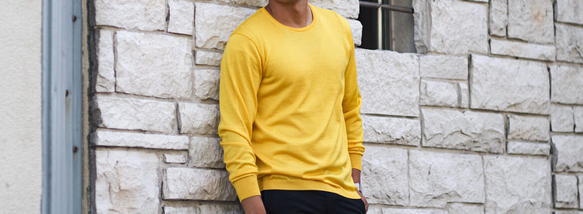 RIVORA (リヴォラ) 18G Wool Silk Crew Neck Pull Over (18ゲージ ウールシルク クルーネック プルオーバー) ウールシルク クルーネック セーター YELLOW (イエロー・100)　MADE IN JAPAN (日本製) 2023秋冬新作 愛知 名古屋 Alto e Diritto altoediritto アルトエデリット