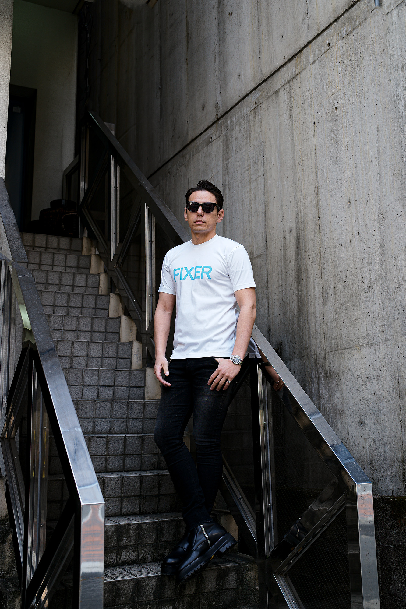 FIXER (フィクサー) FTS-02 FIXER Print Crew Neck T-shirt プリント Tシャツ WHITE × SAX (ホワイト × サックス)  【ご予約開始】【2024.3.18(Mon)～2024.3.31(Sun)】 フィクサー エフティーエス02 プリントクルーネック Tシャツ ブラック サックス 東京限定 愛知 名古屋 Alto e Diritto altoediritto アルトエデリット