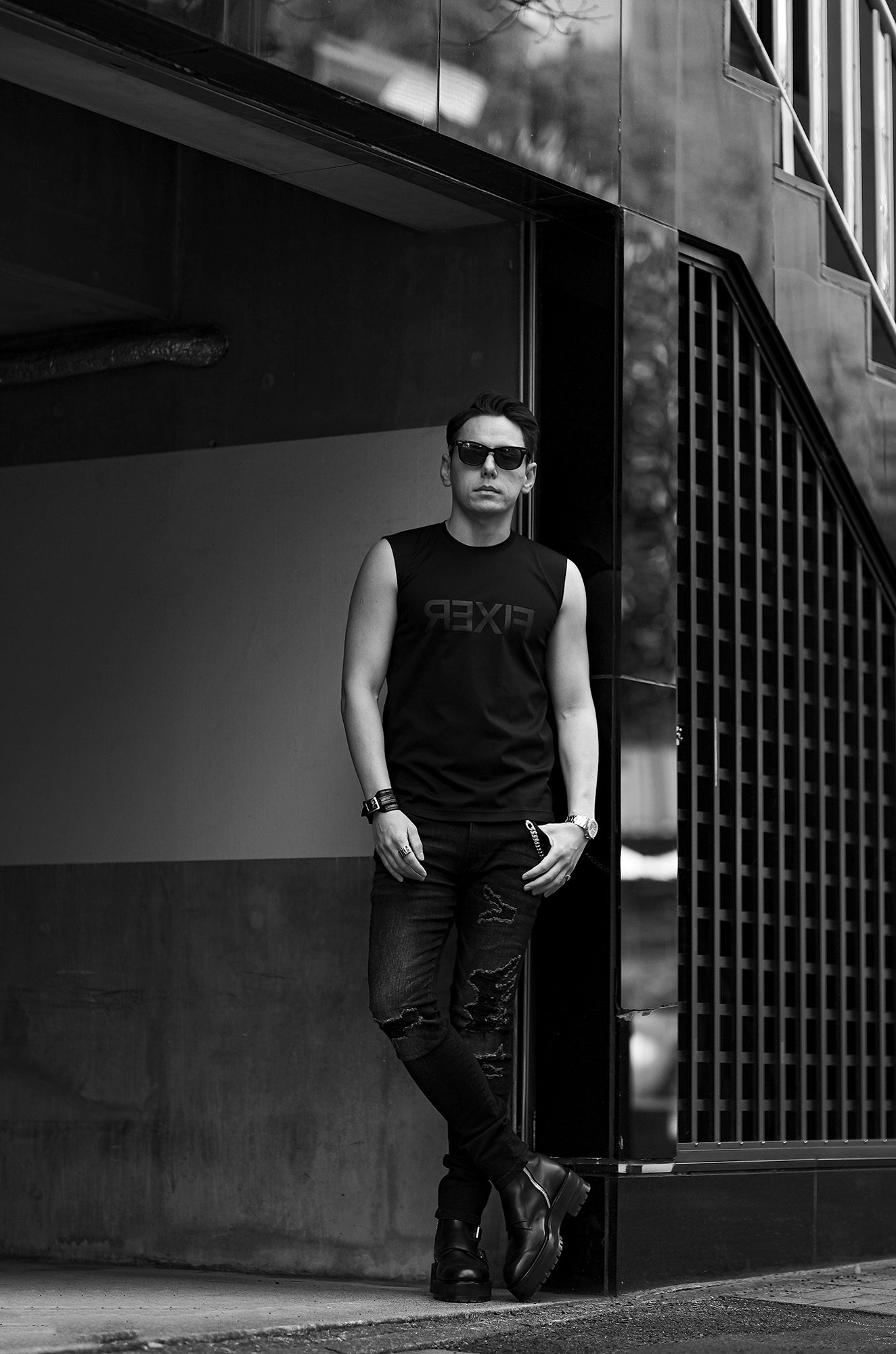 FIXER (フィクサー) FNS-01 Reverse Print Sleeveless T-shirt リバースプリントスリーブレス Tシャツ ALL BLACK (オールブラック) フィクサー ノースリーブ タンクトップ リバースプリント オールブラック ホワイト ブラック 愛知 名古屋 Alto e Diritto altoediritto アルトエデリット