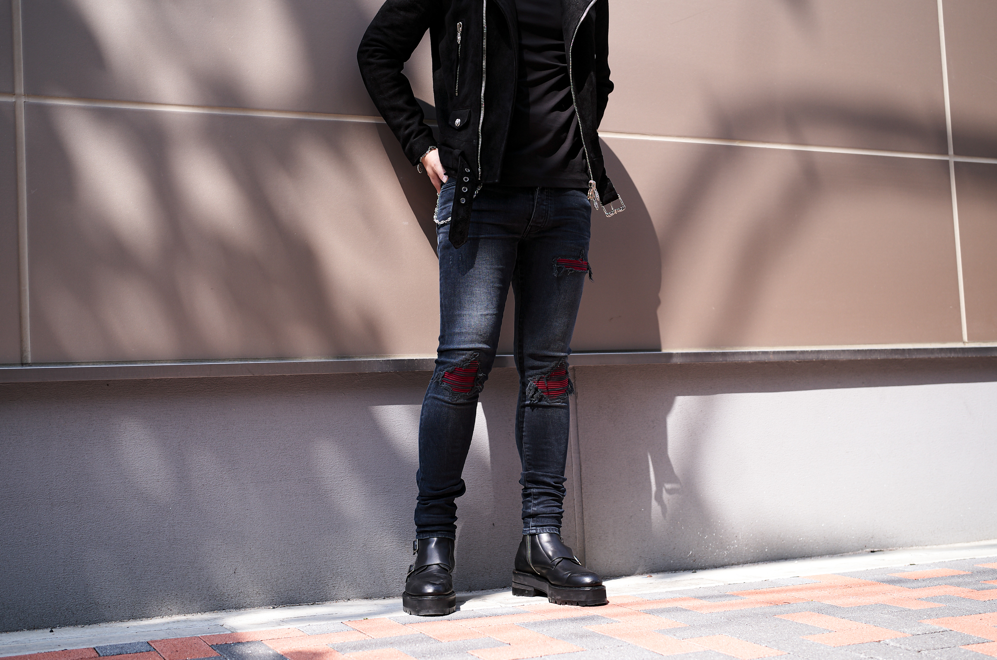 AMIRI (アミリ) ULTRASUEDE MX1 JEAN (ウルトラ スエード エムエックス ワン ジーンズ) クラッシュ レザーリペア ストレッチ スキニー デニム パンツ MIDNIGHT INDIGO (ミッドナイトインディゴ・949) MADE IN USA (アメリカ製) 2025 愛知 名古屋 Alto e Diritto altoediritto アルトエデリット デニム アミリデニム