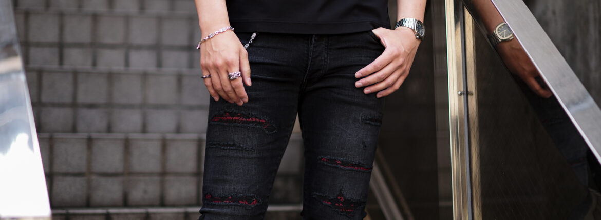 AMIRI (アミリ) MA QUAD REPAIRED SKINNY JEAN (MA クアッド リペアード スキニー ジーンズ) クラッシュ リペア ストレッチ スキニー デニム パンツ VINTAGE BLACK (ヴィンテージブラック・097) MADE IN USA (アメリカ製) 2025 愛知 名古屋 Alto e Diritto altoediritto アルトエデリット