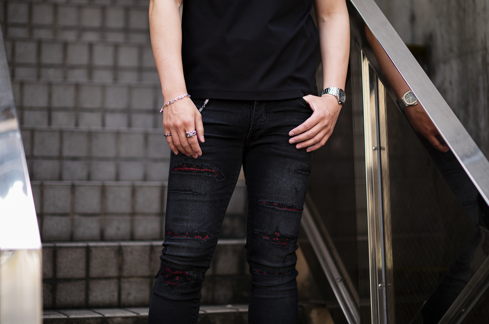 AMIRI (アミリ) MA QUAD REPAIRED SKINNY JEAN (MA クアッド リペアード スキニー ジーンズ) クラッシュ リペア ストレッチ スキニー デニム パンツ VINTAGE BLACK (ヴィンテージブラック・097) MADE IN USA (アメリカ製) 2025 愛知 名古屋 Alto e Diritto altoediritto アルトエデリット