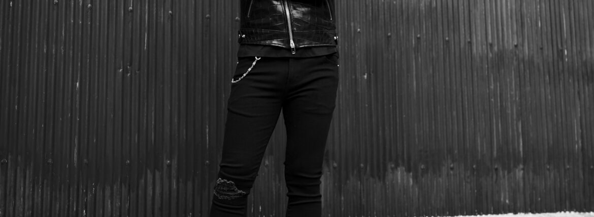 cuervo bopoha (クエルボ ヴァローナ) Sartoria Collection (サルトリア コレクション) Bal (バル) 9oz BLACK COMFORT DENIM ダメージ アンド レザーリペア タイトフィット ストレッチ クラッシュデニム パンツ BLACK × BLACK (ブラック × ブラック・10) MADE IN JAPAN (日本製) 愛知 名古屋 Alto e Diritto altoediritto アルトエデリット