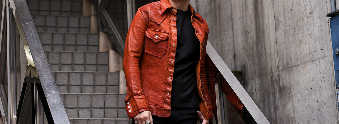 ISAMU KATAYAMA BACKLASH (イサムカタヤマ バックラッシュ) TANNED YEZO DEER "GARMENT-DYED" WESTERN SHIRT No.2145-02 (タンナー エゾ ディア ガーメントダイ ウエスタン シャツ) エゾシカレザー ウエスタン シャツ BROWN (ブラウン) MADE IN JAPAN (日本製) 2025 愛知　名古屋 Alto e Diritto altoediritto アルトエデリット
