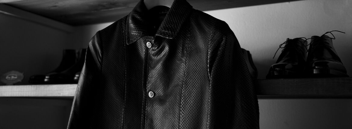 ISAMU KATAYAMA BACKLASH The Line PYTHON LEATHER CAR COAT No.AL-CT-02L 925 STERLING SILVER BLACK イサムカタヤマバックラッシュ ザライン パイソンレザー カーコート 925シルバー ブラック ショートコート コート 別注 オリジナル カスタム 蛇 ヘビ