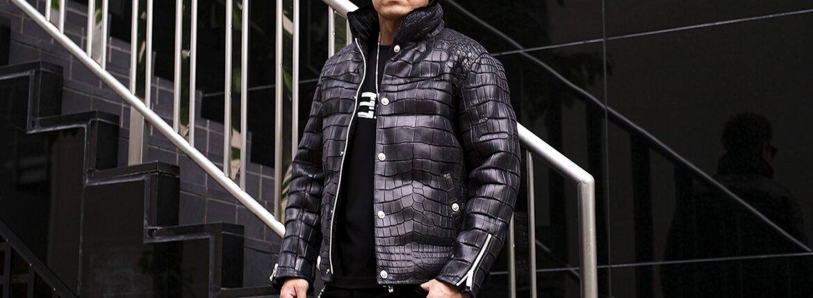 ISAMU KATAYAMA BACKLASH The Line (イサムカタヤマ バックラッシュ ザ・ライン) NUBUCK CROCODILE DOWN JACKET T-270 (ヌバック クロコダイル ダウンジャケット) 925 STERLING SILVER (925 スターリングシルバー) カヴァメント ヌバック クロコダイルレザー ダウン ジャケット BLACK (ブラック) MADE IN JAPAN (日本製) 2025 愛知 名古屋 Alto e Diritto altoediritto　アルトエデリット
