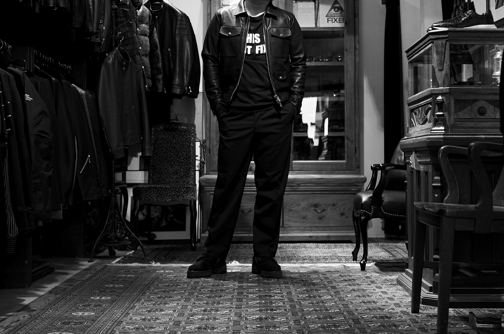 Balvenie Wilhelm No.05 TRACKER JACKET 925 SILVER COW LEATHER BLACK // FIXER FTS-06 THIS IS NOT FIXER BLACK // Volturno WORK TROUSERS BLACK // FIXER FBT-01 TRIPLE STRAP BOOTS BLACK SUEDE バルヴェニーヴィルヘルム トラッカージャケット 925シルバー フィクサー Tシャツ これはフィクサーじゃない ヴォルトゥルノ ワークトラウザー ブラック トリプルストラップブーツ ブラックスエード 愛知 名古屋 Alto e Diritto altoediritto アルトエデリット